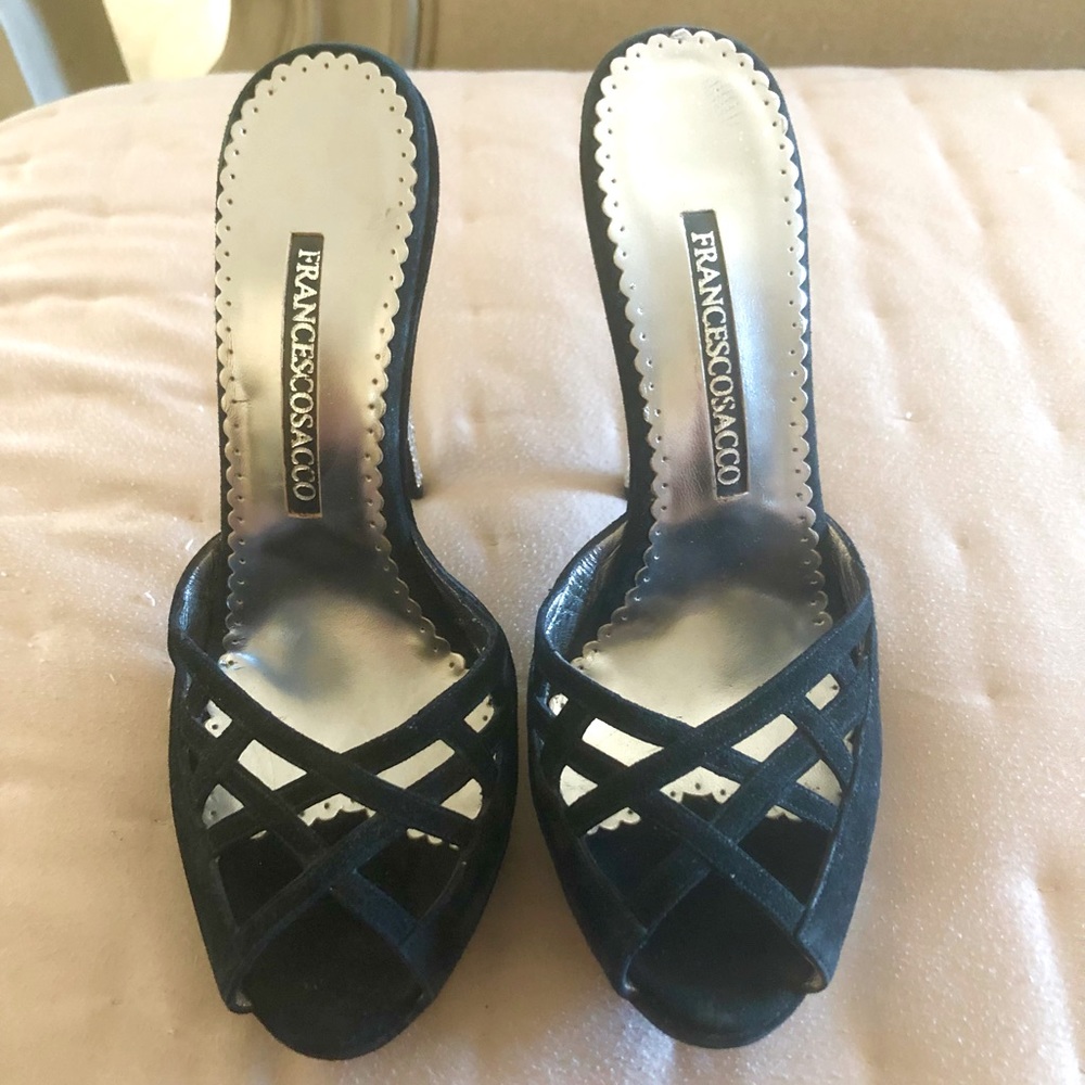 NEW Francesco Sacco Swarovski embellished black suede slip-on heels Sz 8